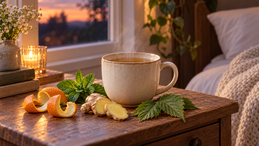 Steaming herbal tea with orange peel, spearmint, ginger, and raspberry leaf for luteal phase support