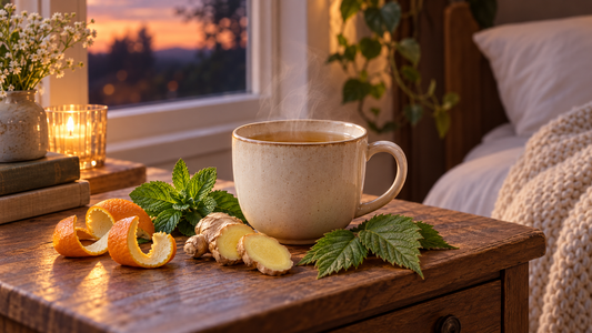 Steaming herbal tea with orange peel, spearmint, ginger, and raspberry leaf for luteal phase support