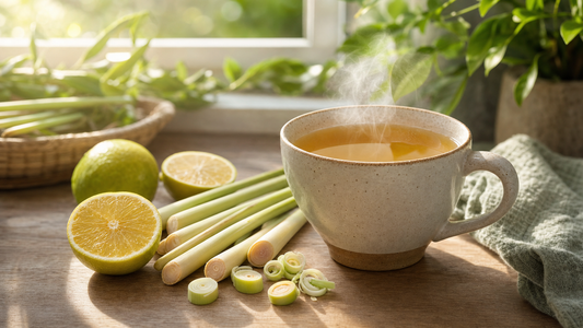 Fresh lemongrass stalks and a steaming mug of herbal tea