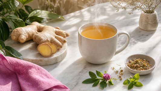Ginger root and steaming herbal tea for period cramps