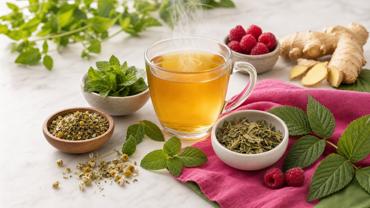 Assorted herbal teas and leaves for period cramp support