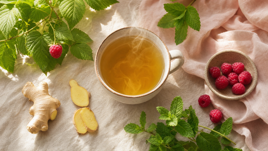 Steaming herbal tea with ginger and raspberry leaves for period cramps