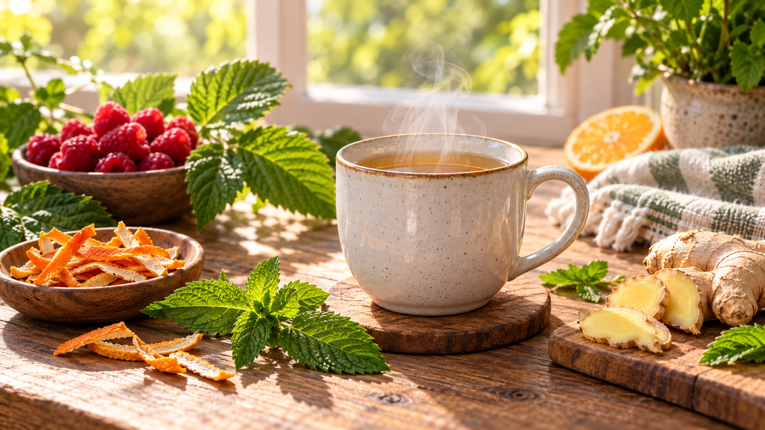 Steaming herbal tea with orange peel, spearmint, and ginger for irregular period support